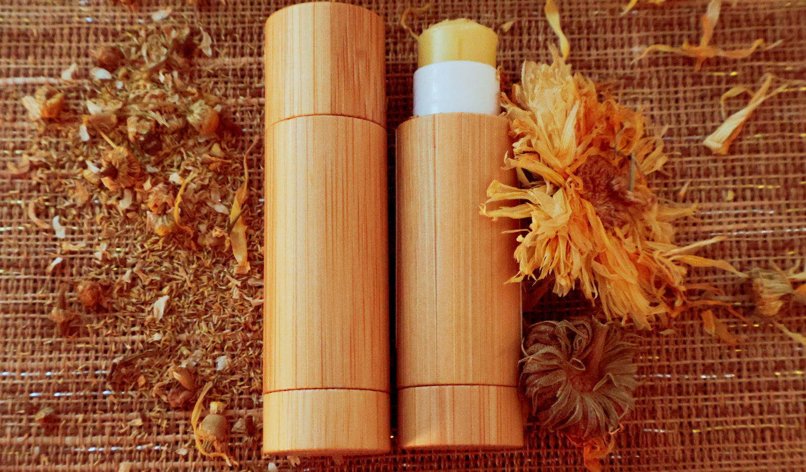 Golden Hour Pocket Oil Roller — roller bottles with dried calendula on burlap