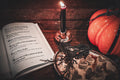 October Fog bath melts with open book, black candle, and decorative pumpkin