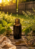 Meadow Glow Facial Oil dropper bottle with herbs and golden sunlight in garden setting