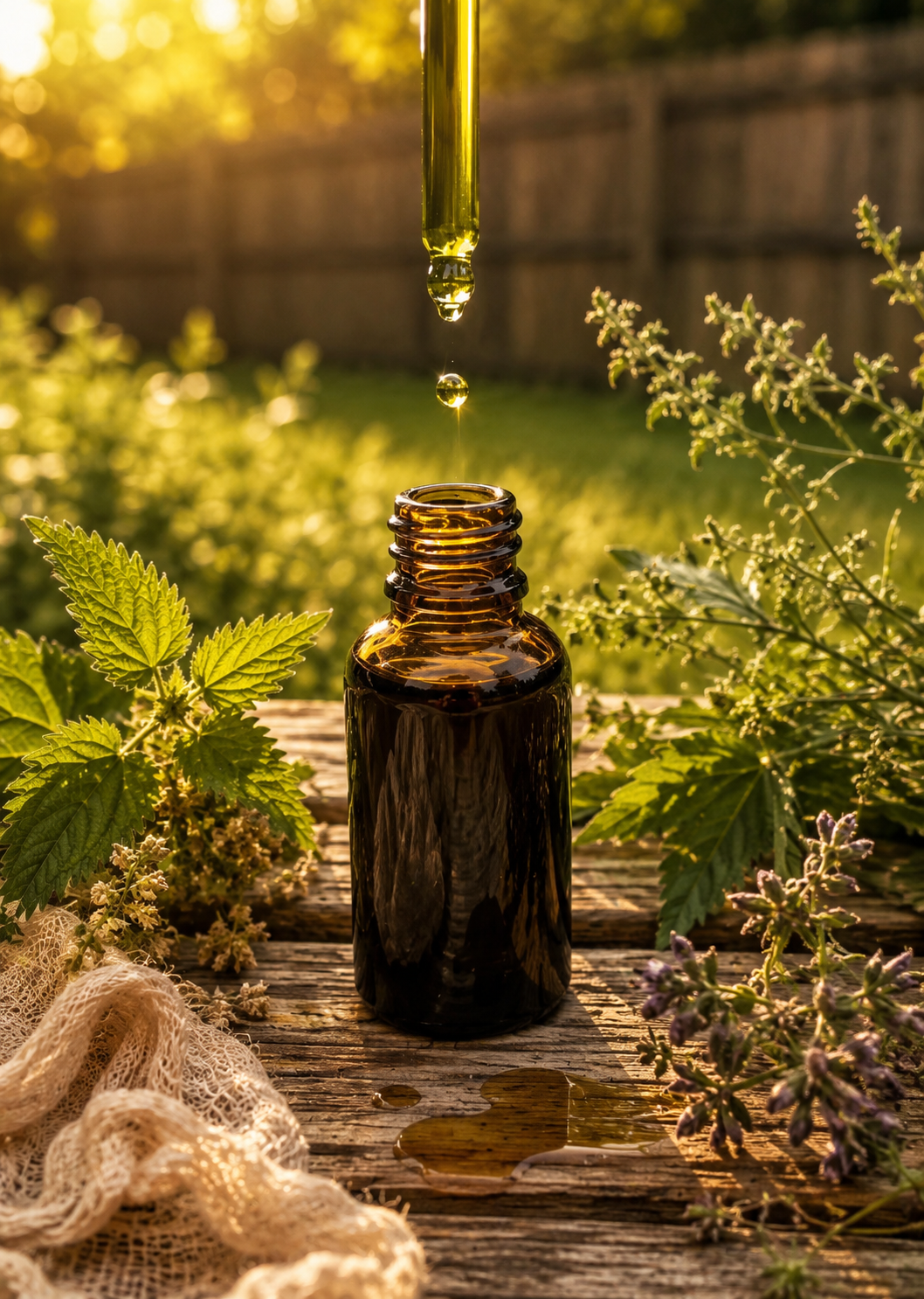 Meadow Glow Facial Oil dropper bottle with herbs and golden sunlight in garden setting