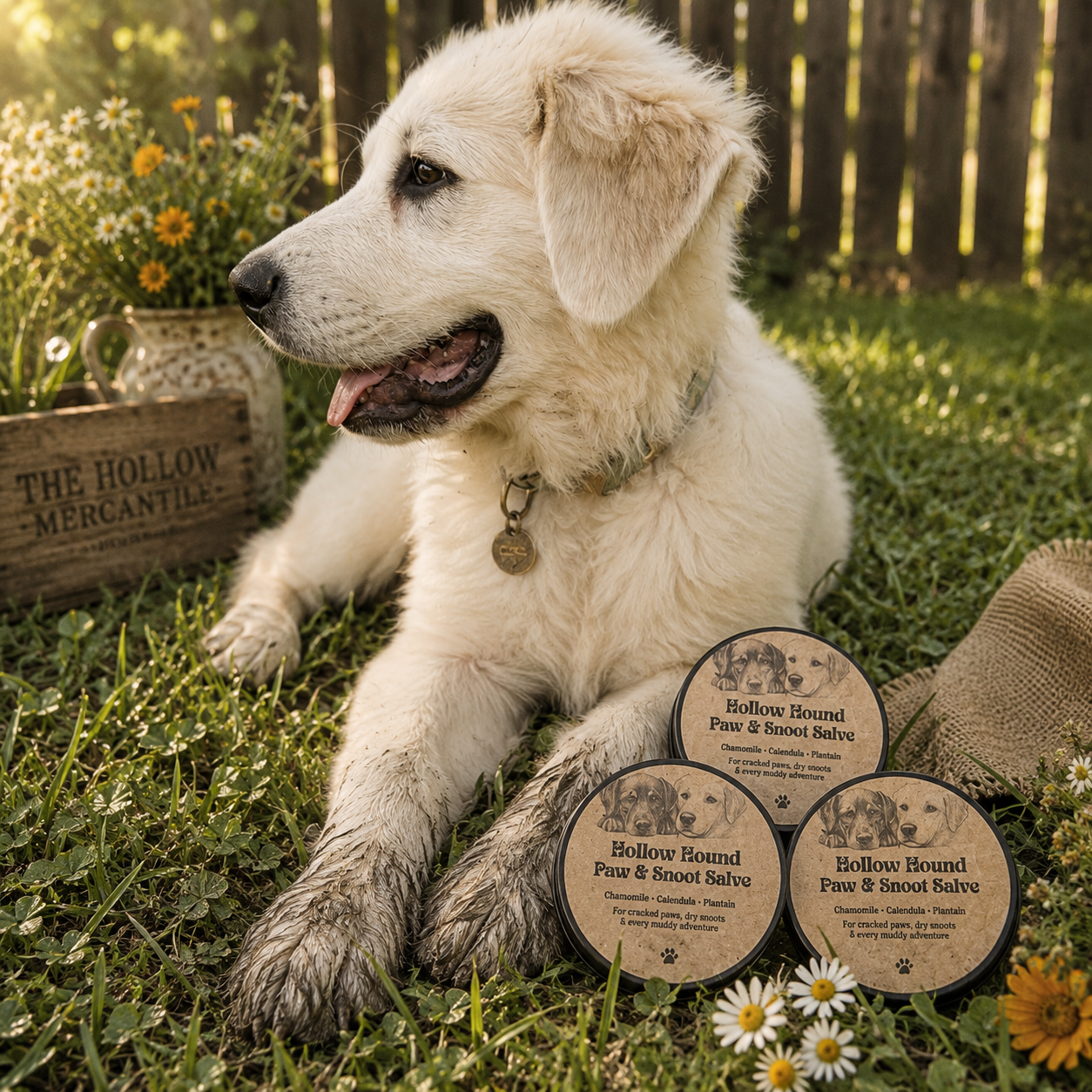 Hollow Hound Paw & Snoot Salve with white dog and The Hollow Mercantile sign