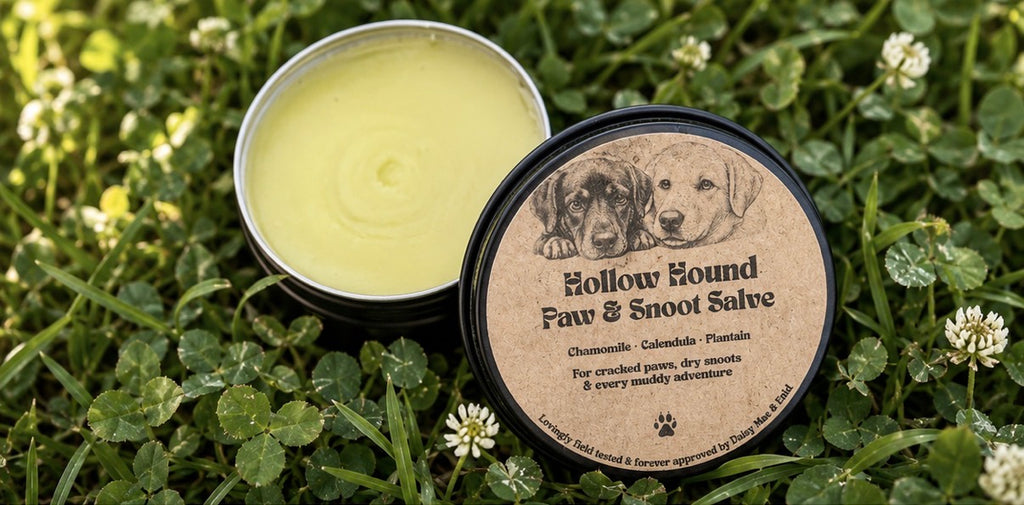 Hollow Hound Paw & Snoot Salve tin open showing salve with clover background